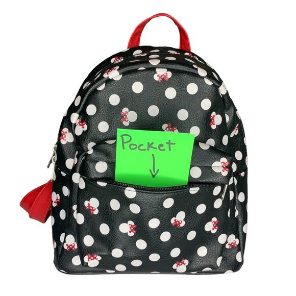 DISNEY Parks Minnie Backpack Black White Polka Dot Red Straps